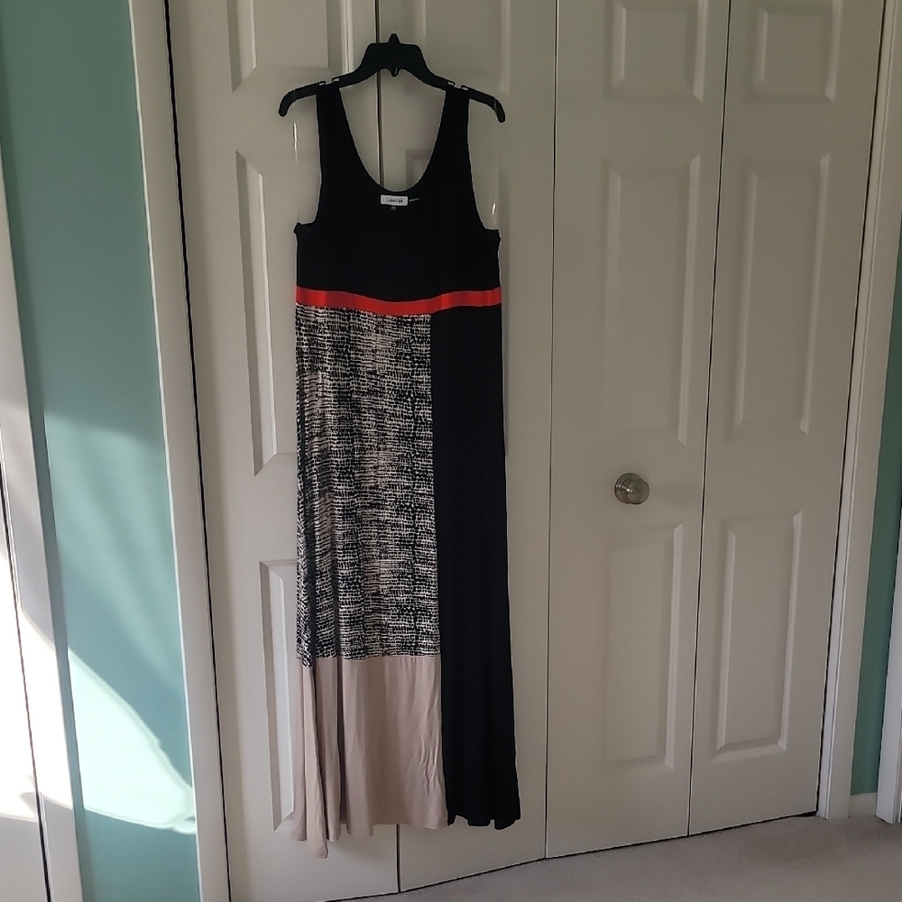 NWOT Calvin Klein color blocked  Maxi Dress with Orange Accent